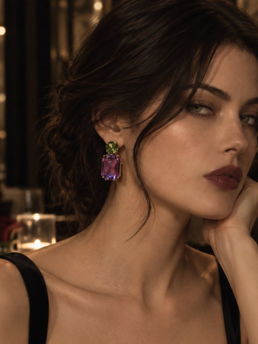 Purple & Green Crystal Drop Earrings Gold Tone Statement Jewelry